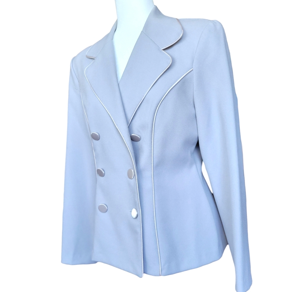 XOXO vintage pale blue/grey jacket double-breasted sateen buttons & piping 7/8